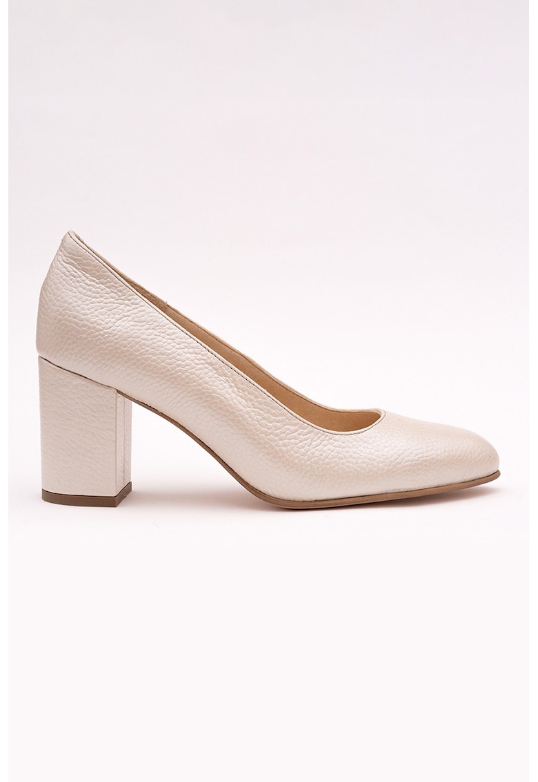 Pantofi uni din piele cu toc masiv - Crem