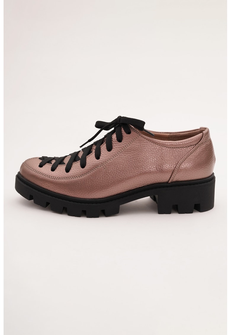 Pantofi din piele cu toc masiv si sireturi - Roz prafuit