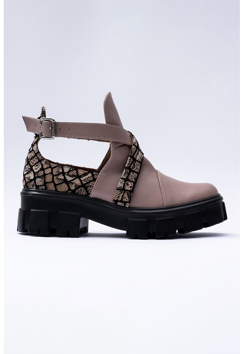 Pantofi casual din piele cu decupaje - Negru/Bej/Roz prafuit