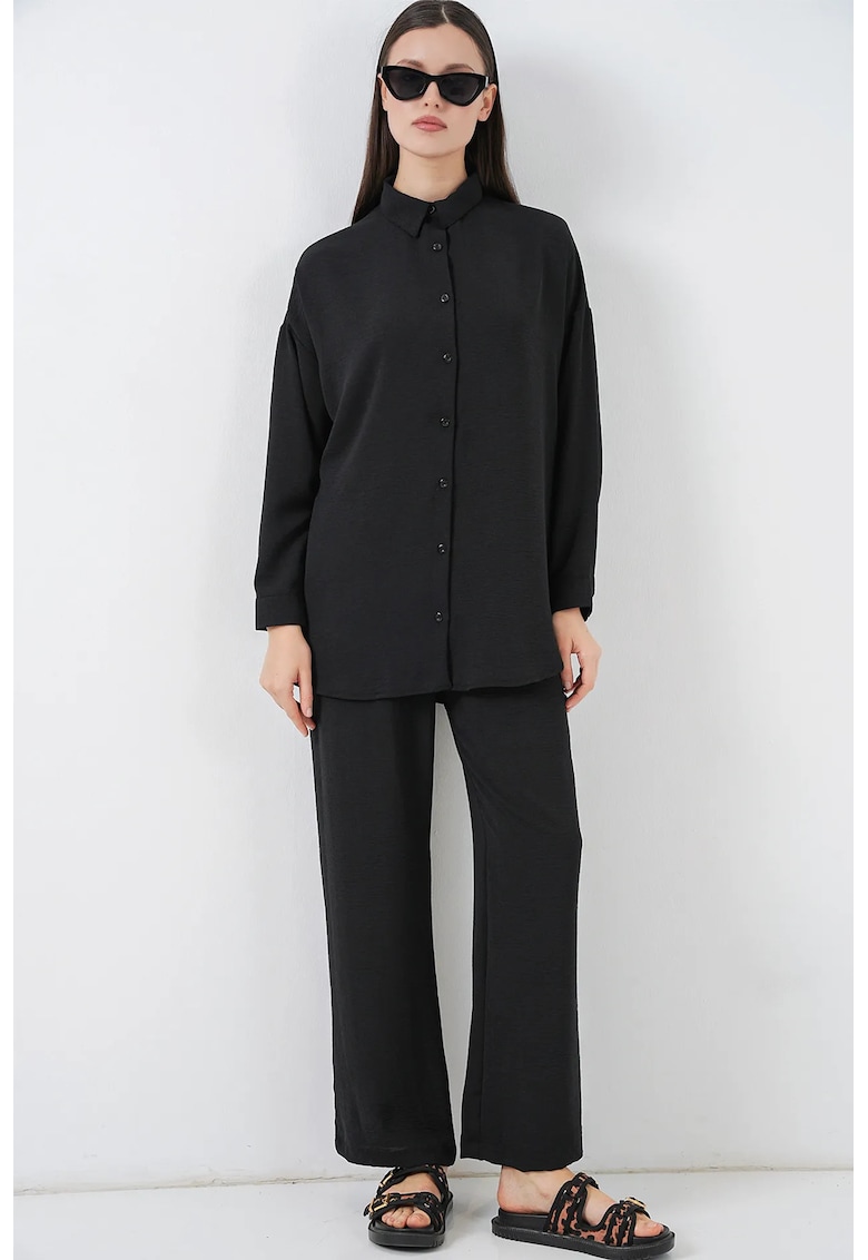 Compleu dama - set camasa oversized cu nasturi si pantaloni - negru - textil