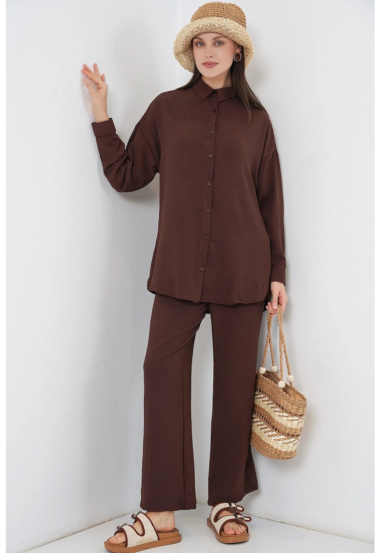 Set Compleu BDART - camasa supradimensionata cu nasturi - pantaloni cu picior larg - maro - textil