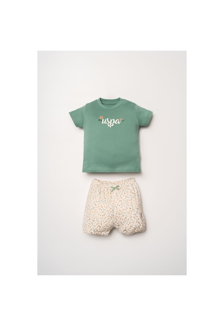 Set de tricou si pantaloni scurti cu imprimeu floral - Verde