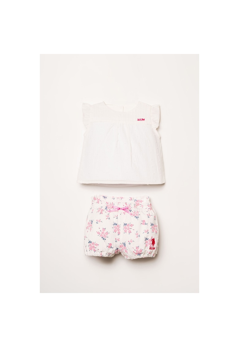 Set de bluza cu maneca scurta si pantaloni scurti cu imprimeu floral - Alb