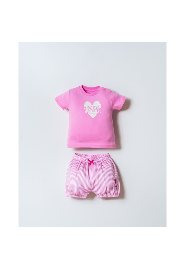 Set de tricou si pantaloni scurti cu imprimeu cu dungi - Roz