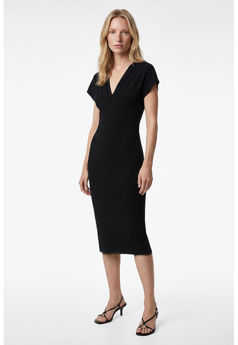 Rochie cu decolteu in V si maneci scurte - Negru