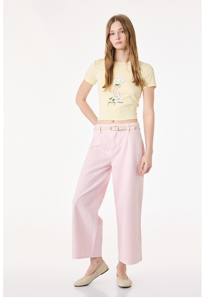 Tricou crop cu imprimeu grafic - Galben pal