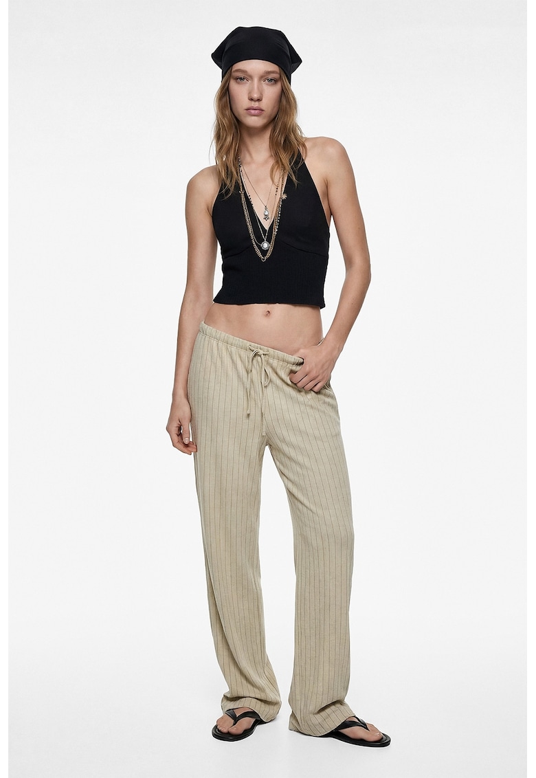Pantaloni din amestec de in cu croiala ampla si model in dungi - Bej