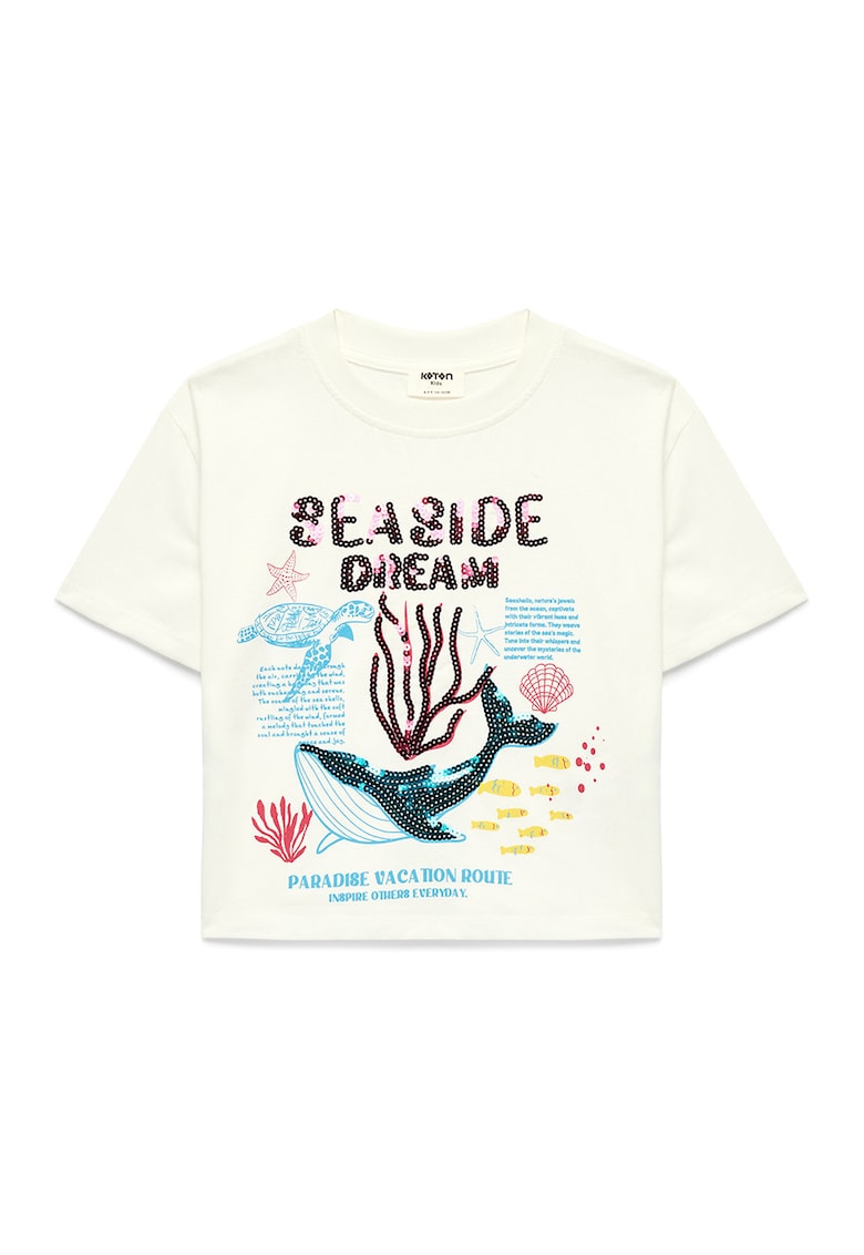 Tricou cu decolteu la baza gatului si imprimeu grafic - Alb murdar