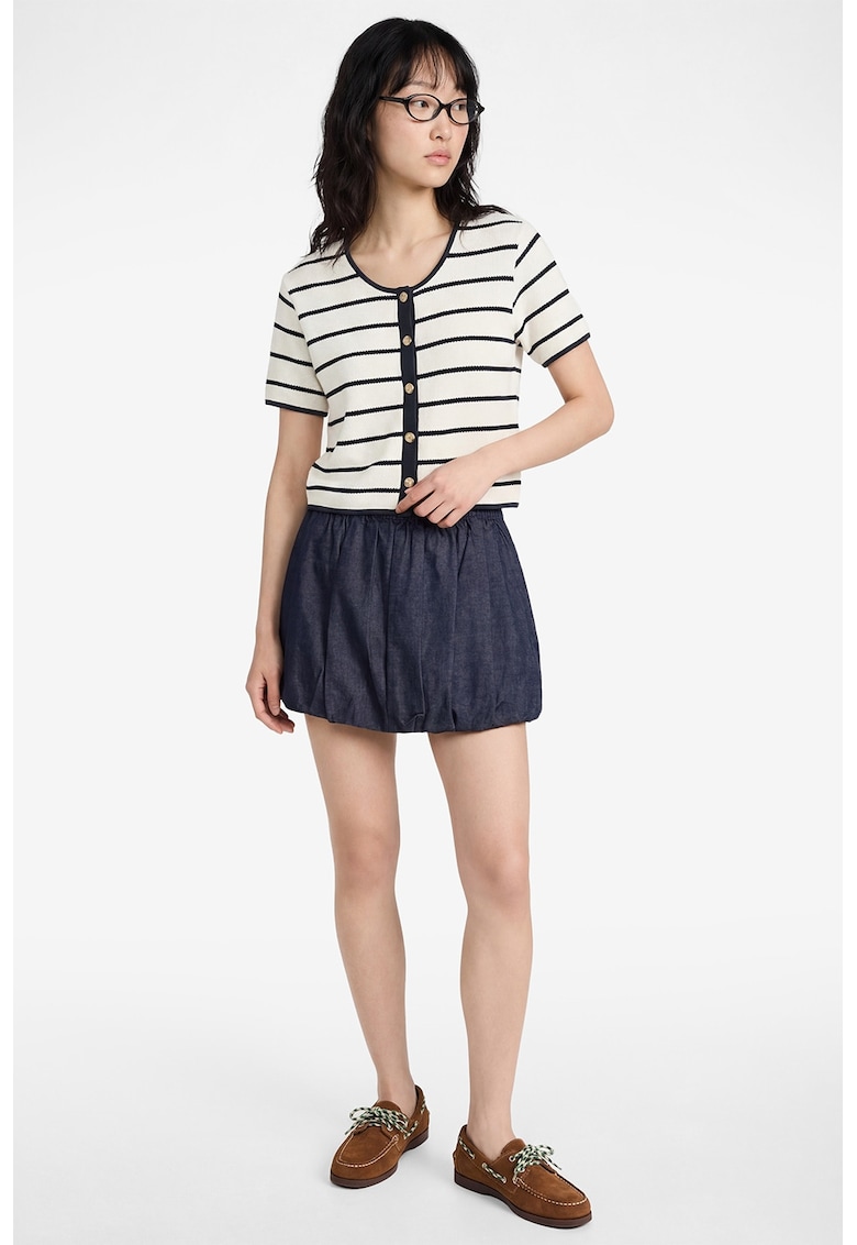 Bluza in dungi cu maneci scurte - Verde padure/Crem