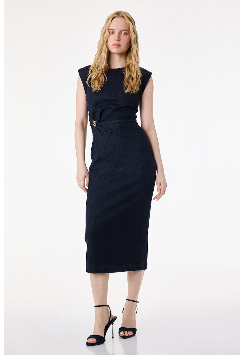 Rochie de denim cu fronseu in talie - fara maneci - Albastru ultramarin