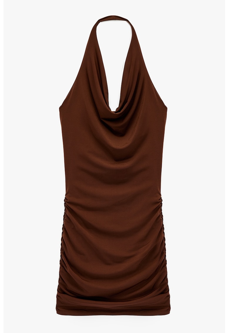 Rochie mini cu decolteu drapat - fara maneci - Maro