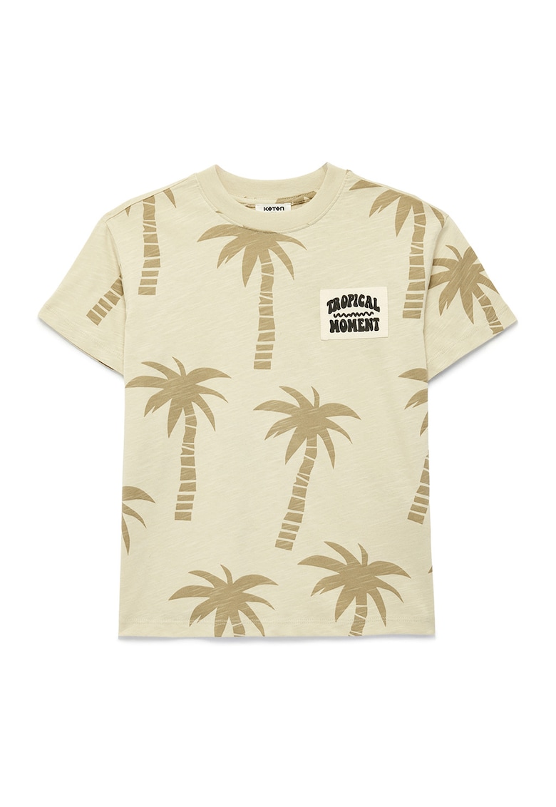 Tricou din bumbac cu model tropical - Bej deschis