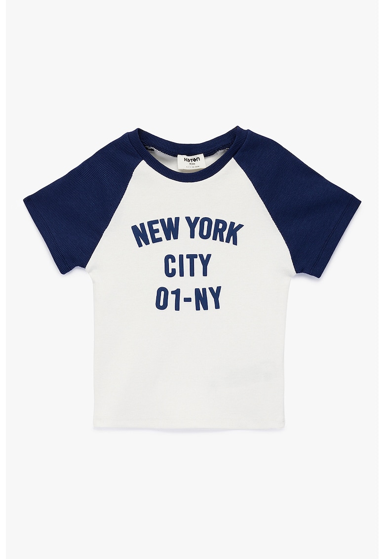 Tricou cu decolteu la baza gatului si imprimeu grafic - Alb murdar/Bleumarin