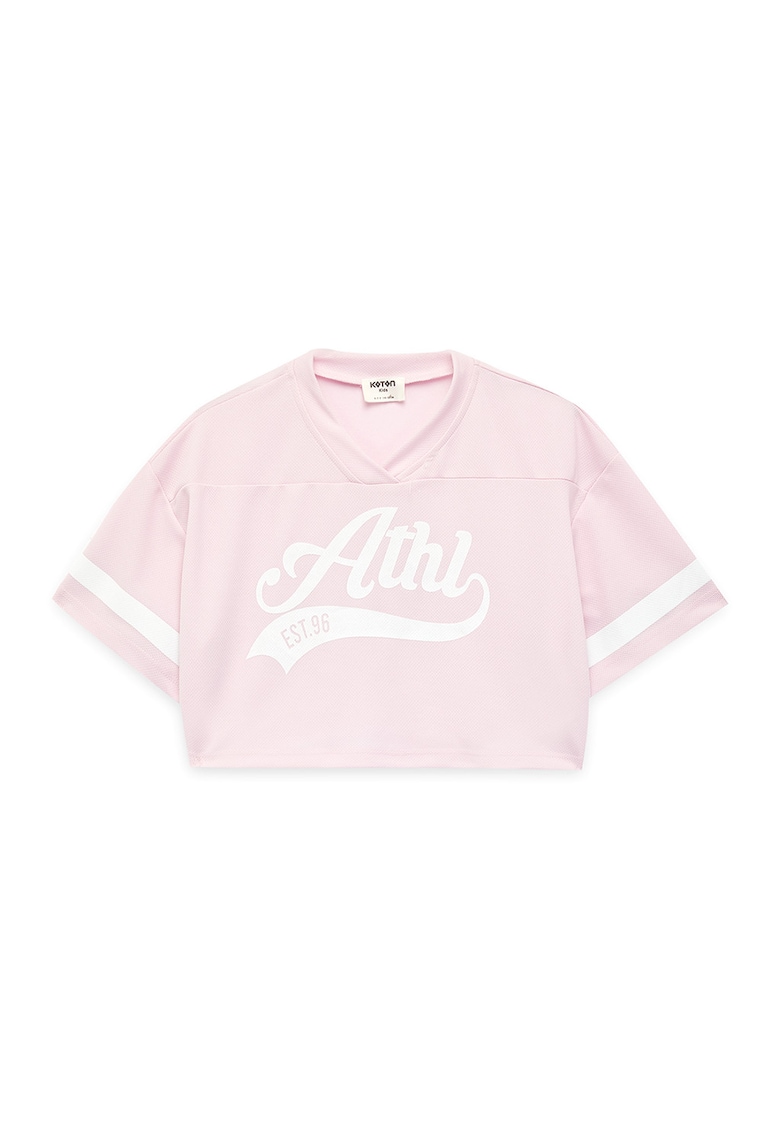 Tricou crop cu imprimeu text - Roz pal