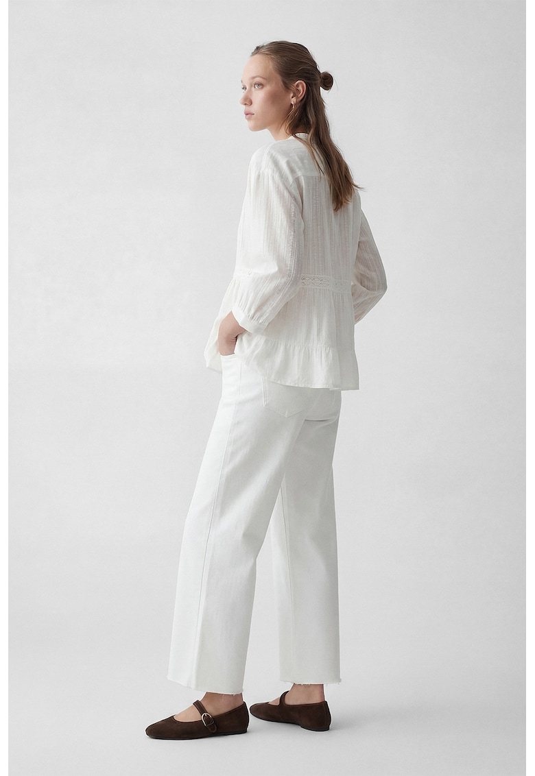 Bluza din amestec de bumbac cu guler tunica si broderie - Alb