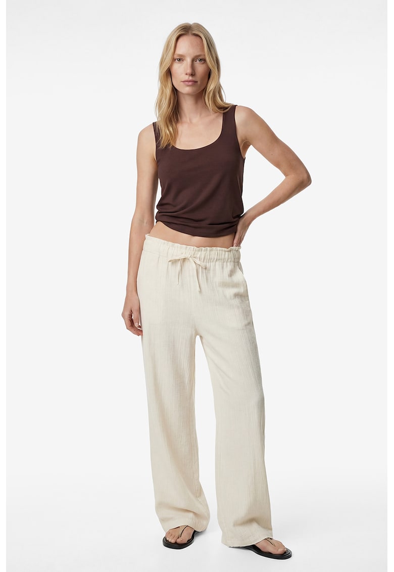 Pantaloni din amestec de in cu snur de ajustare - Crem