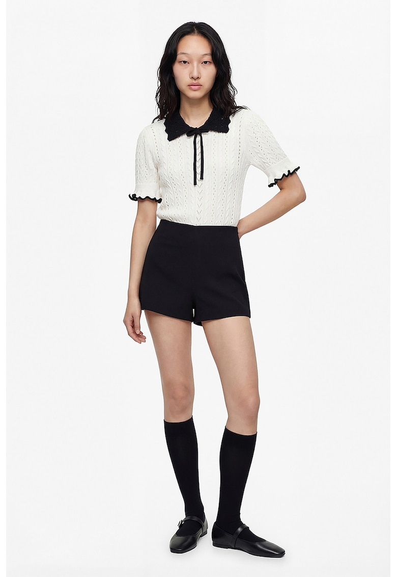 Pulover cu mansete cu volane si perforatii - Alb/Negru