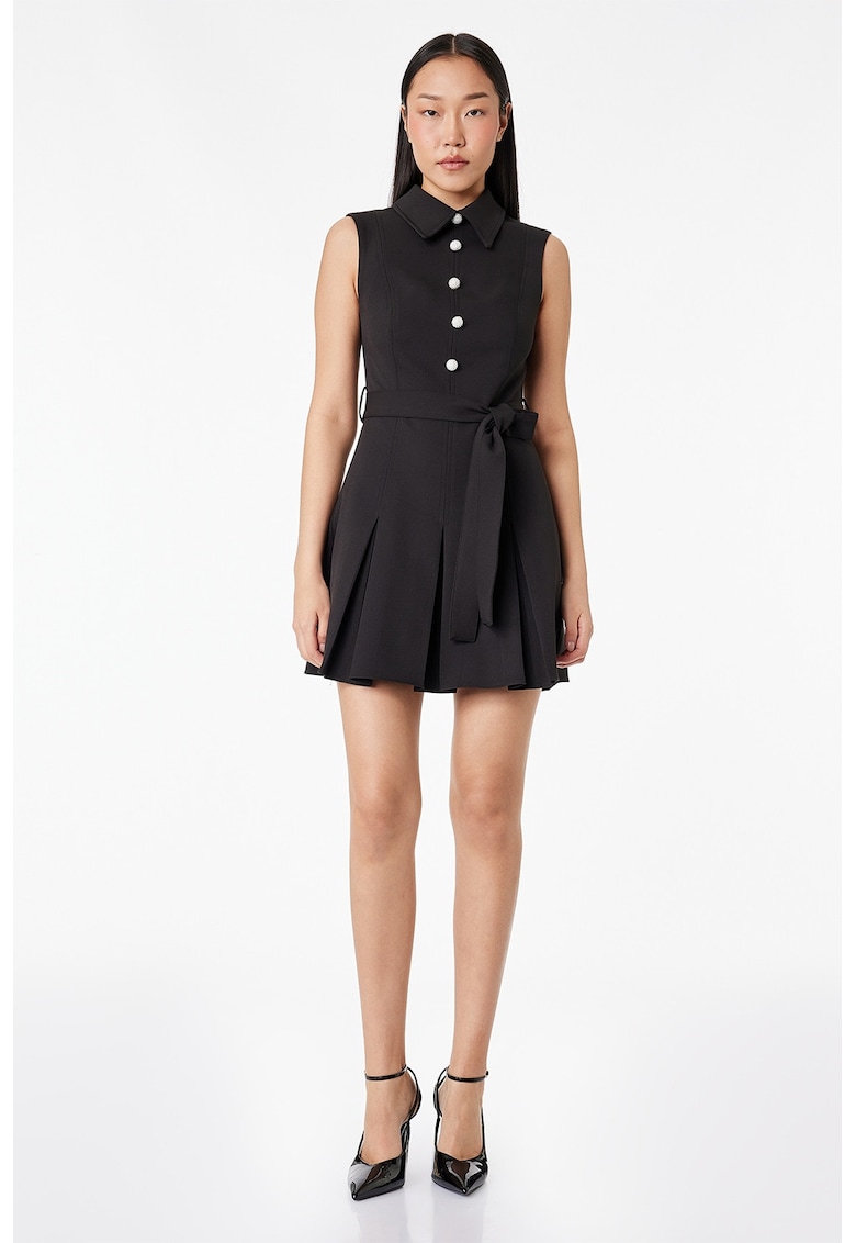 Rochie plisata cu nasturi-bijuterie - Negru