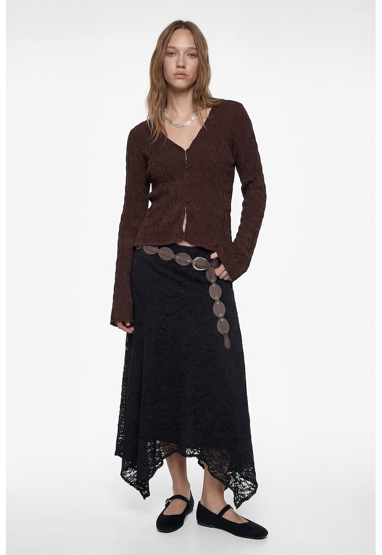 Bluza slim fit cu aspect texturat si decolteu in V - Maro inchis