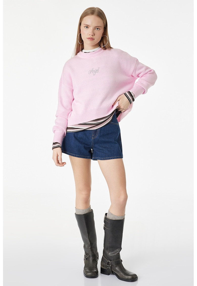 Pulover lejer din tricot cu detalii brodate - Roz pastel