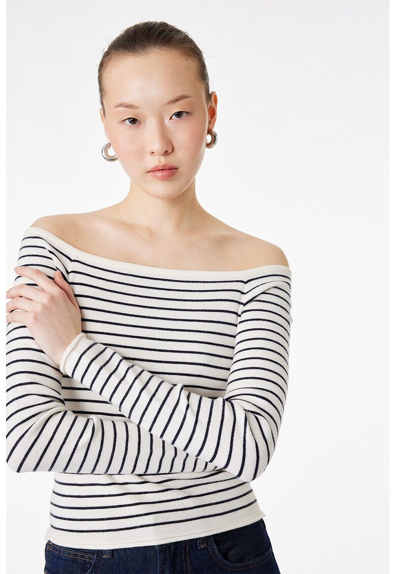 Pulover cu decolteu pe umeri si model in dungi - Negru/Crem