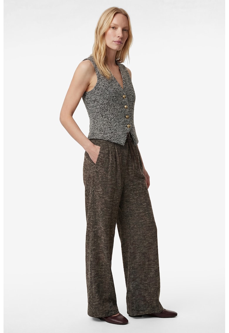 Pantaloni cu croiala ampla si cordon ingust in talie - Maro melange