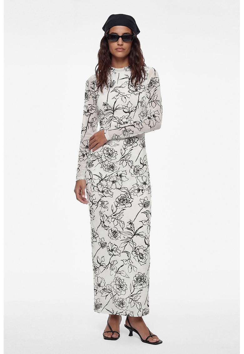 Rochie maxi cu model floral - Alb/Negru
