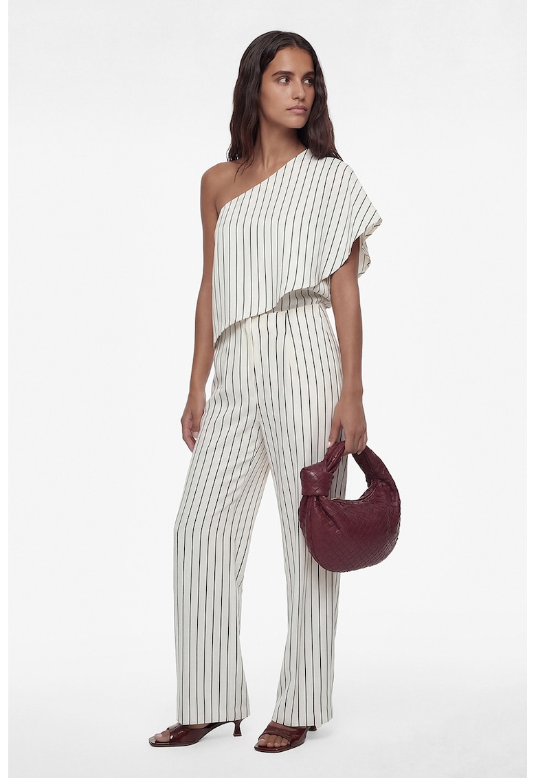 Pantaloni din amestec de modal cu model in dungi - Alb
