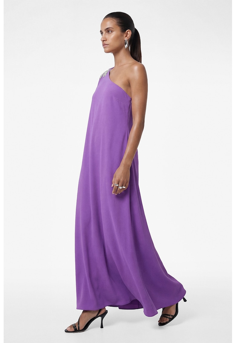 Rochie cu decolteu pe un umar si strasuri - Violet