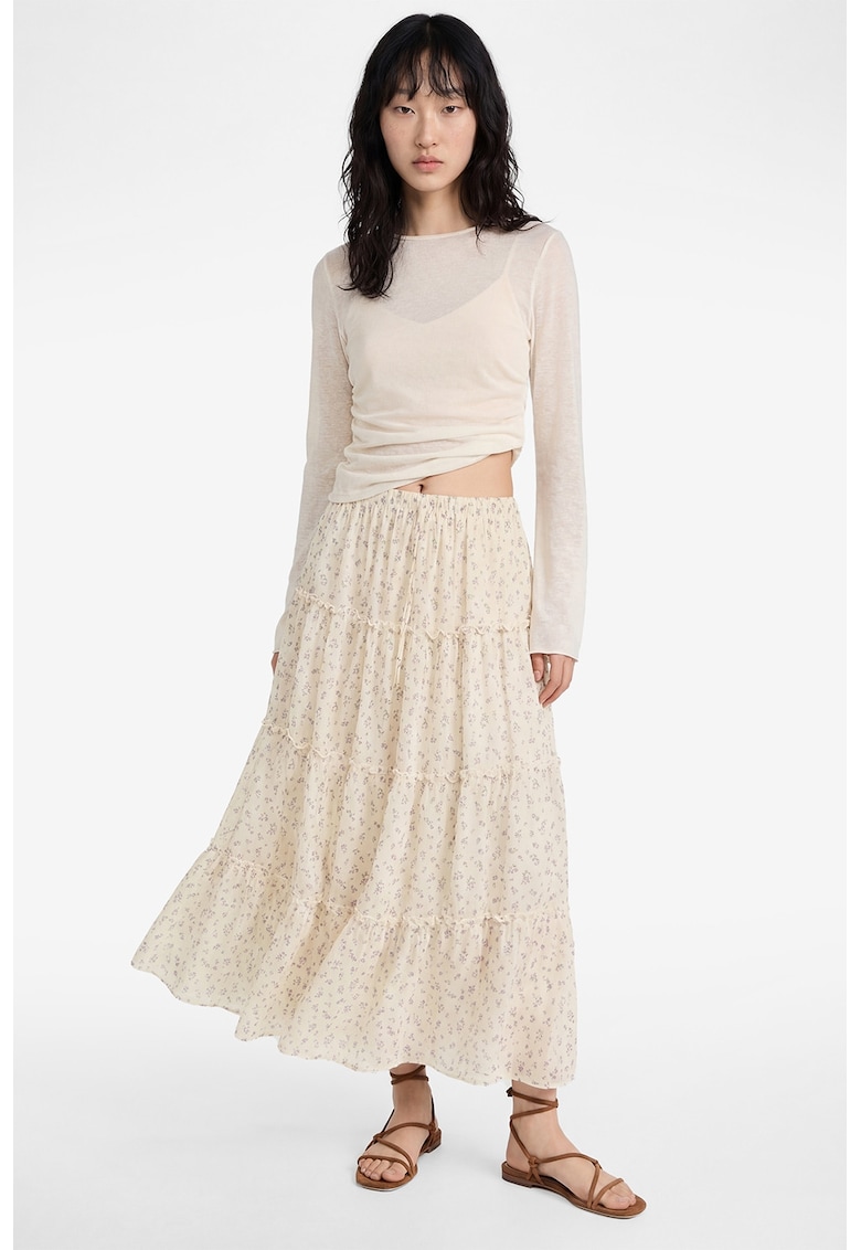 Fusta cu talie inalta - aspect stratificat si model floral - Lila/Crem