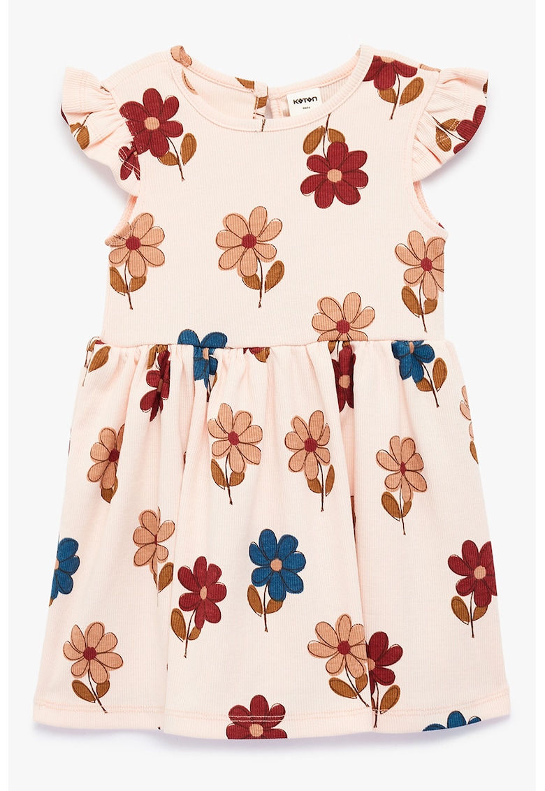 Rochie cu pliuri si model floral - Maro/Roz prafuit