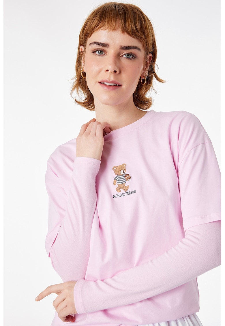 Tricou regular fit cu decolteu la baza gatului - Roz pastel
