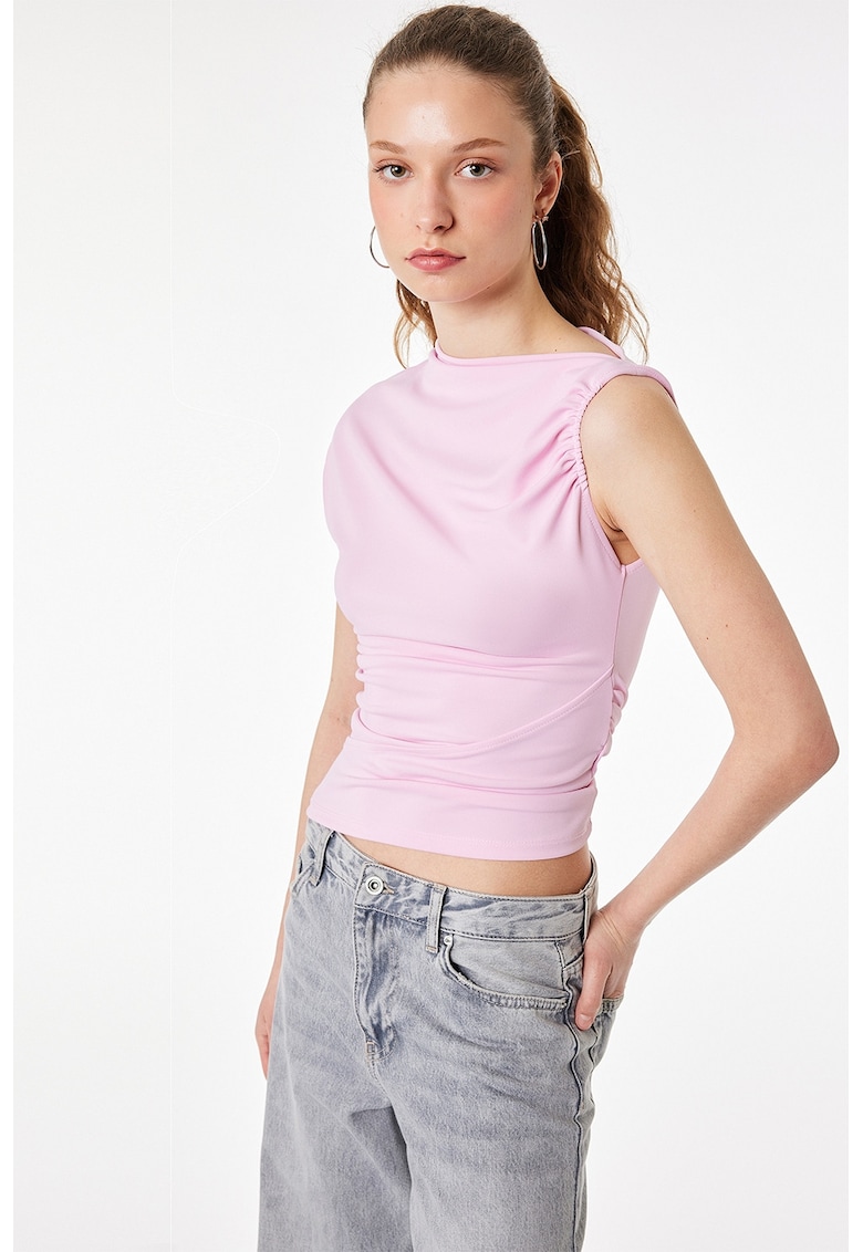 Bluza cu decolteu pe un umar si decolteu asimetric - Roz pastel