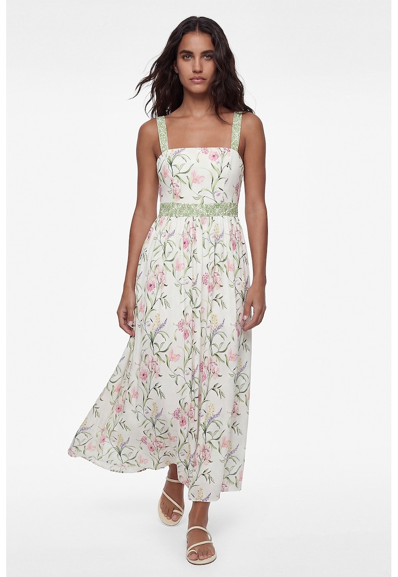 Rochie lunga cu model floral - Verde/Roz/Crem