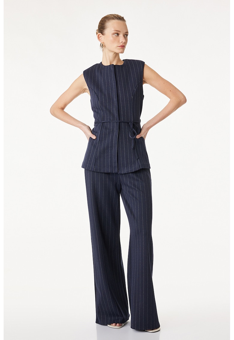 Pantaloni cu croiala ampla - model in dungi si talie elastica - Albastru inchis