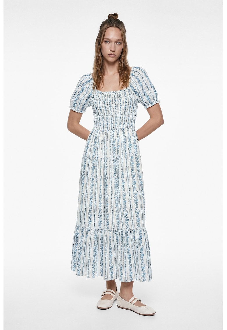 Rochie lunga evazata cu model floral - Albastru royal/Alb murdar