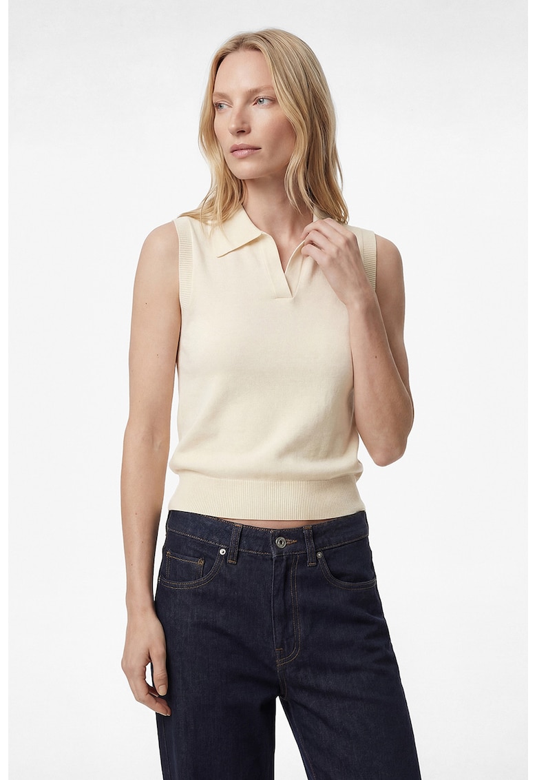 Top fara maneci cu guler polo - Crem