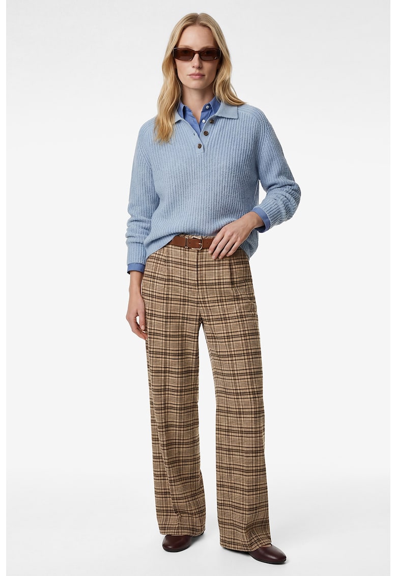 Pantaloni cu model in carouri si curea - Bej