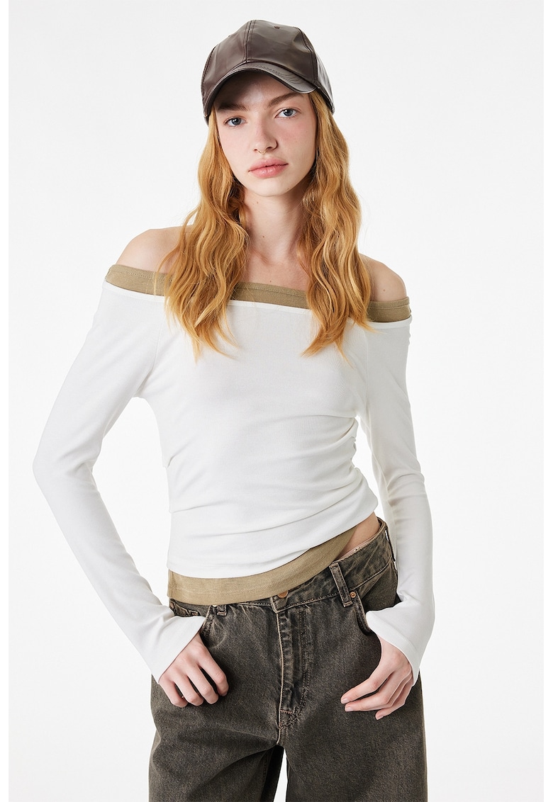 Bluza cu decolteu pe un umar si model 2in1 - Alb