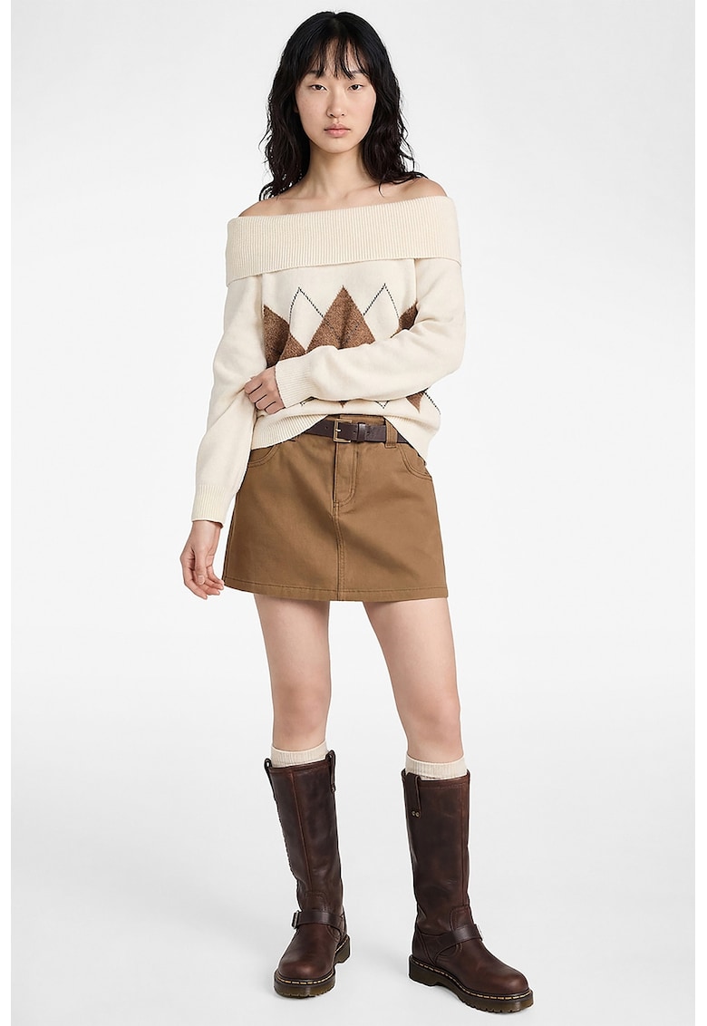 Pulover in carouri cu decolteu pe umeri - Maro/Crem