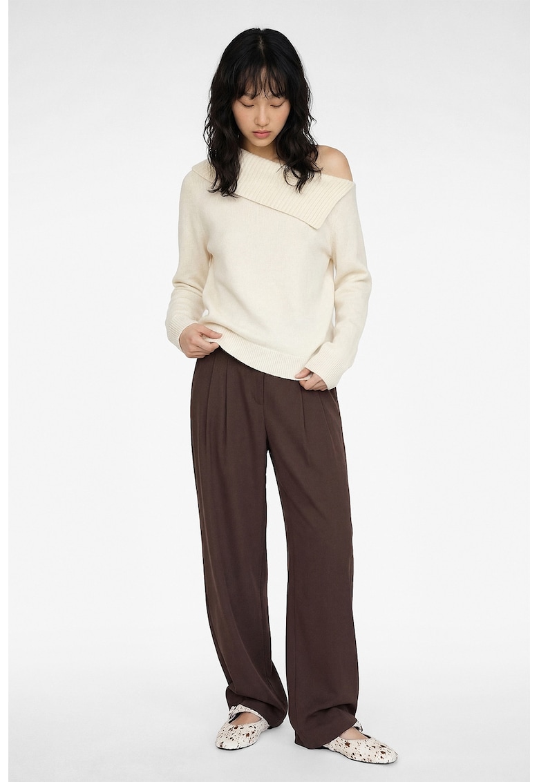 Pulover uni cu decolteu pe un umar - Crem