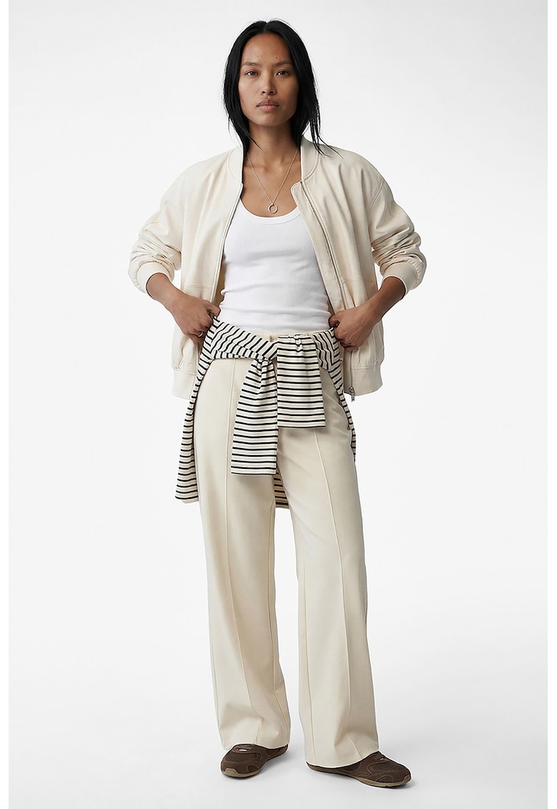 Pantaloni de trening cu talie inalta - croiala ampla si cusaturi decorative - Crem