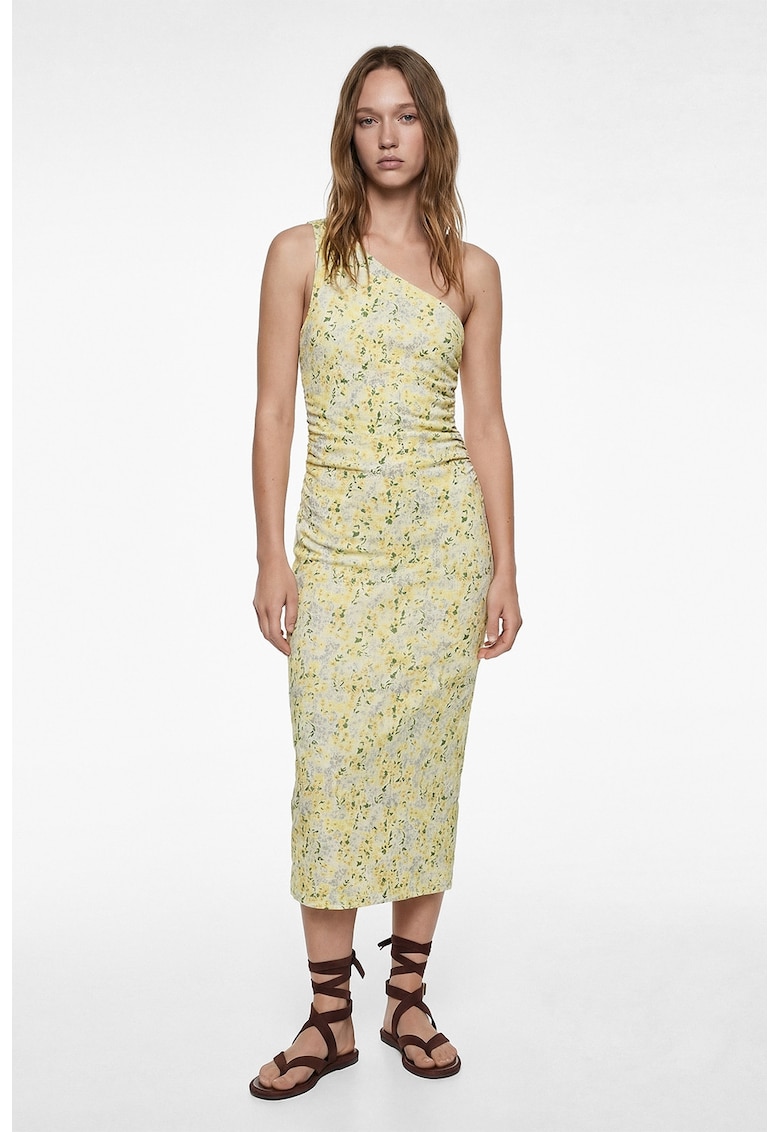 Rochie cambrata cu decolteu pe un umar si model floral - Galben pal