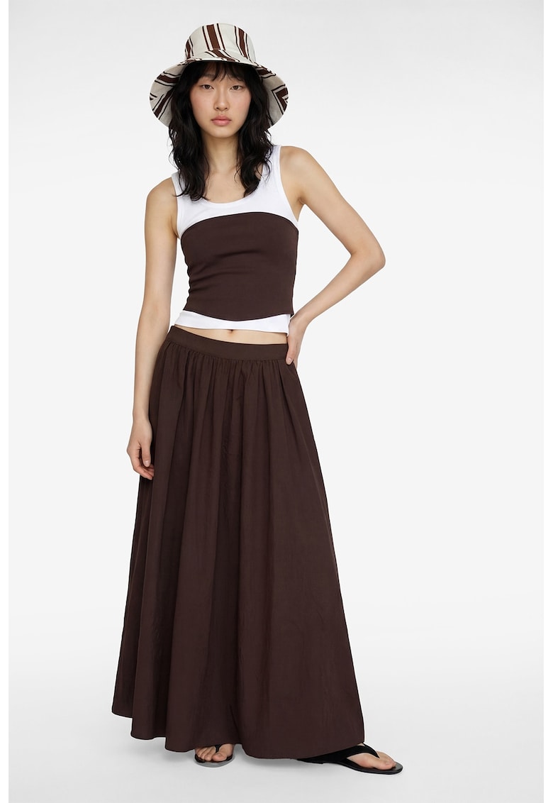 Fusta maxi cu talie medie si pliuri - Maro cognac
