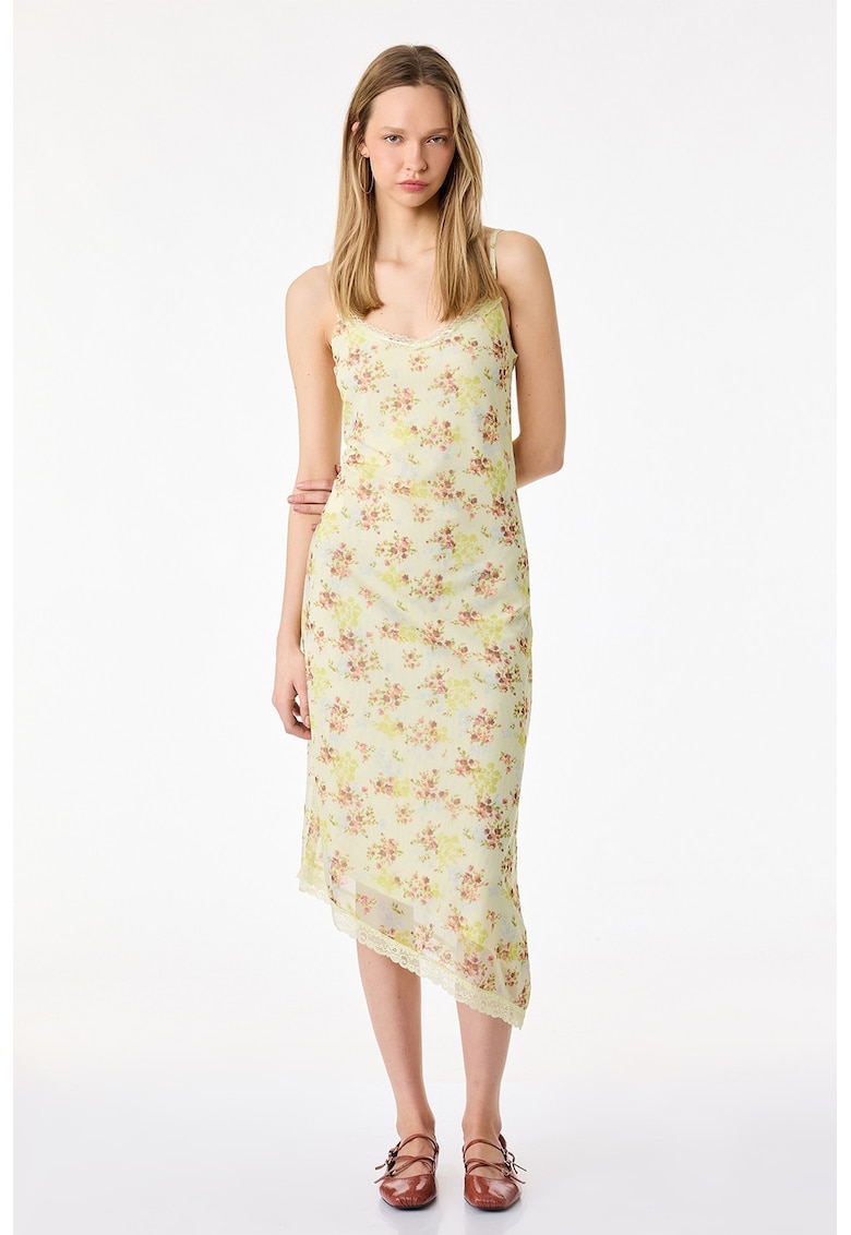 Rochie asimetrica ca cu model floral - Galben pal