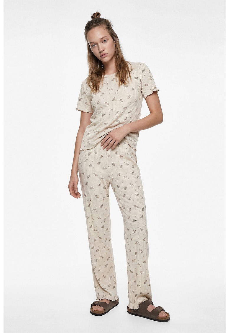 Pijama din amestec de bumbac cu imprimeu - Bej deschis
