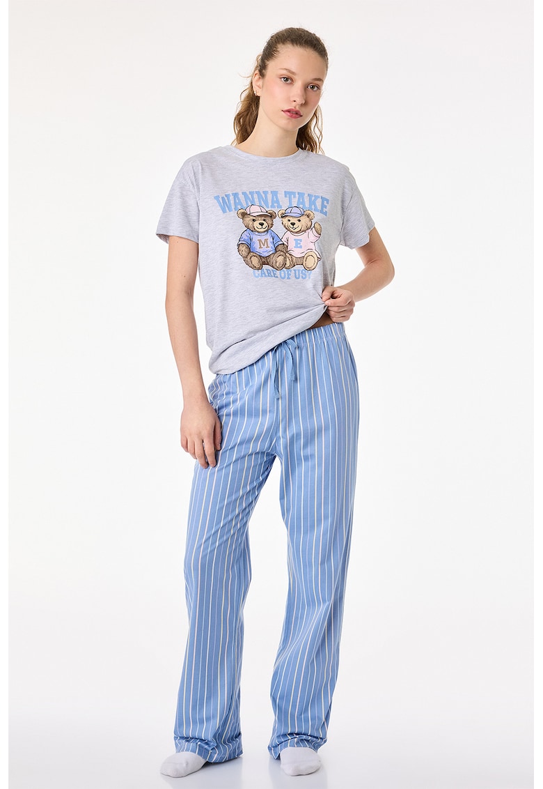 Pijama din amestec de bumbac cu imprimeu - Gri/Albastru