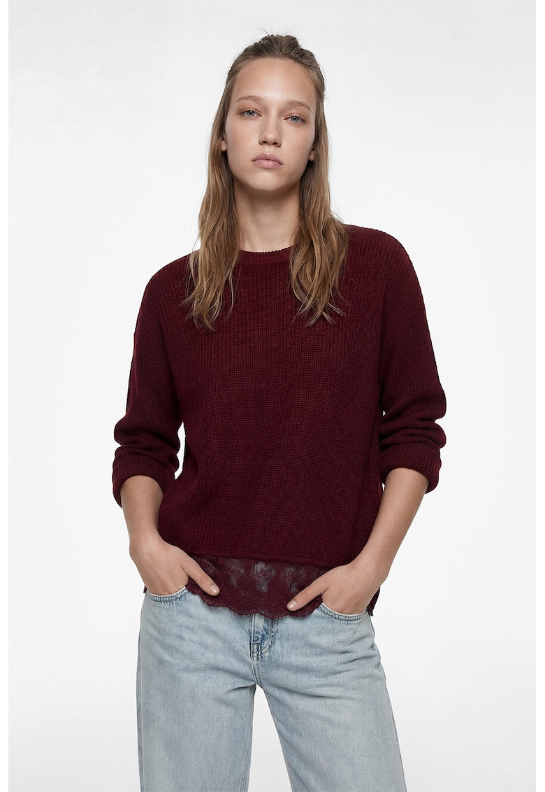 Pulover lejer cu terminatie din dantela - Visiniu