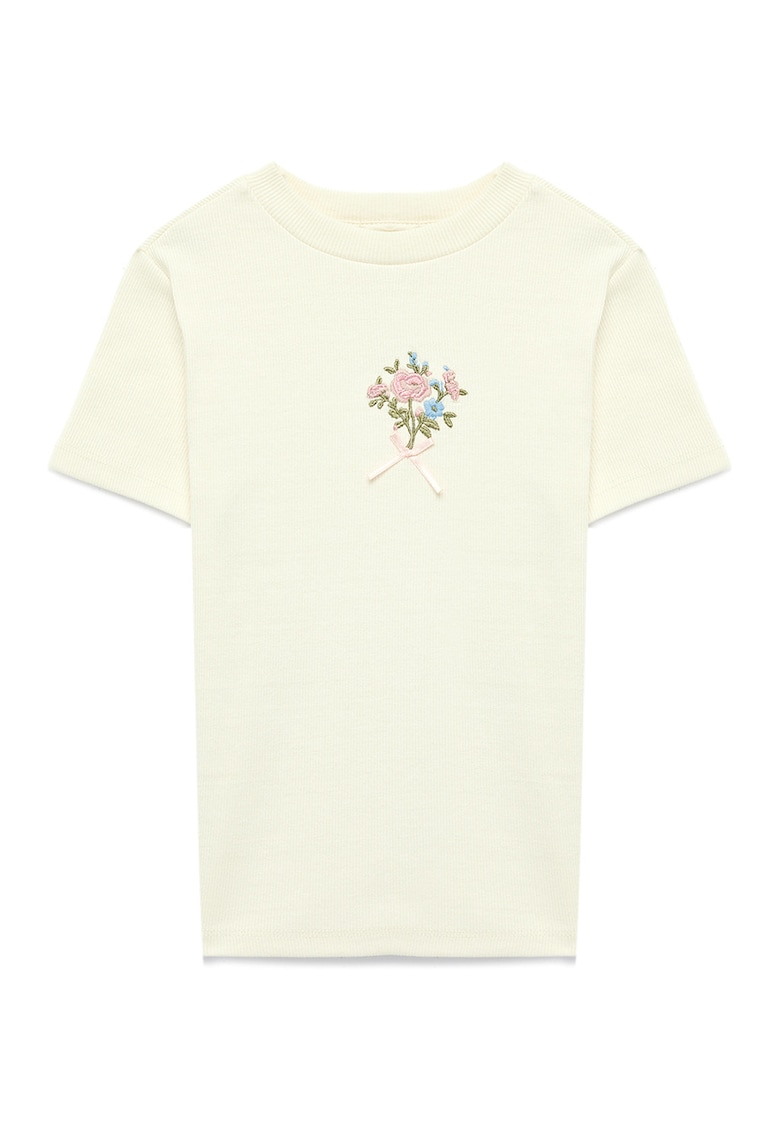 Tricou striat cu broderie florala - Bej deschis