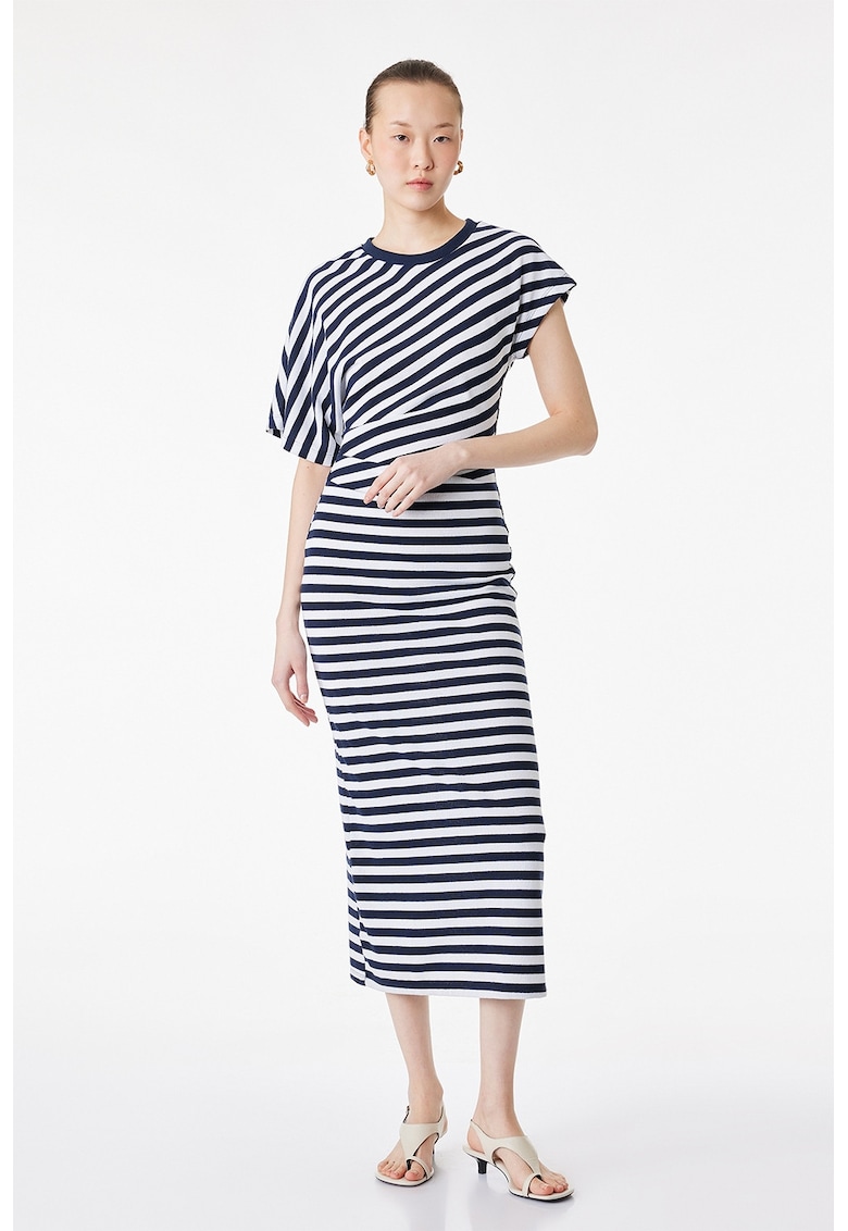 Rochie midi cu model in dungi - Alb/Bleumarin